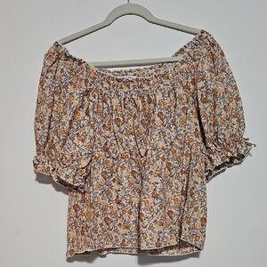 Old Navy Floral Off-Shoulder Blouse - Brown Gold White Sz Large Smocked Puff